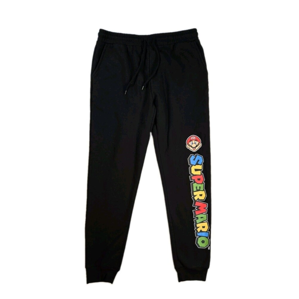Mens Super Mario Jogger Sweatpants Black Medium Graphic Nintendo Lounge 32x29.5